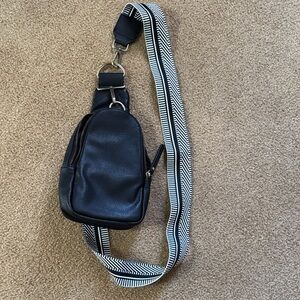 Anthropologie Black Leather Crossbody Sling Bag with Patterned Strap